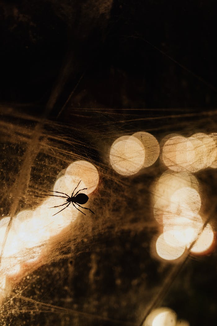 Silhouette of a spider on a web with dramatic bokeh lighting effects, creating a mysterious mood.